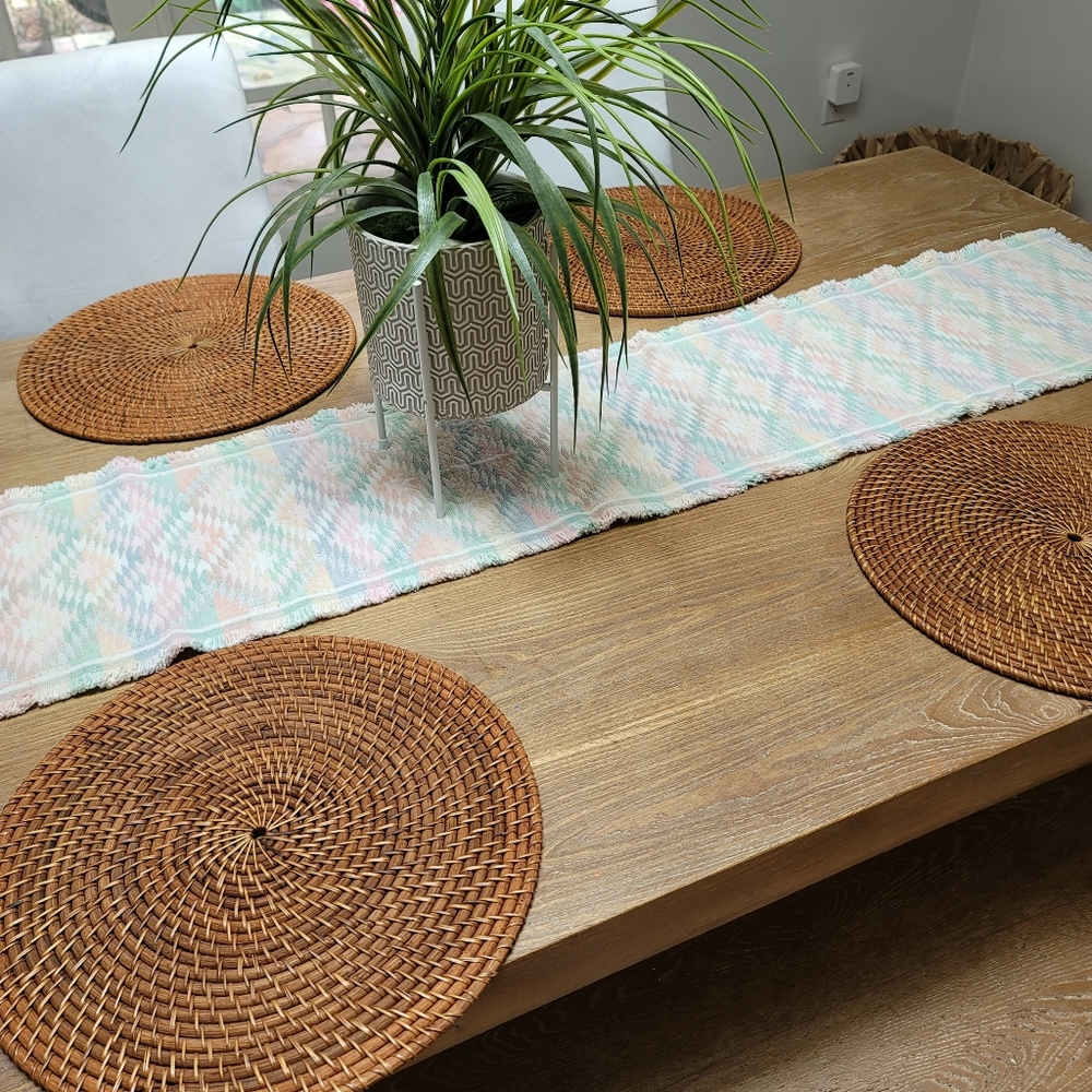 Pastel fringe geometric table runner 67"x12".